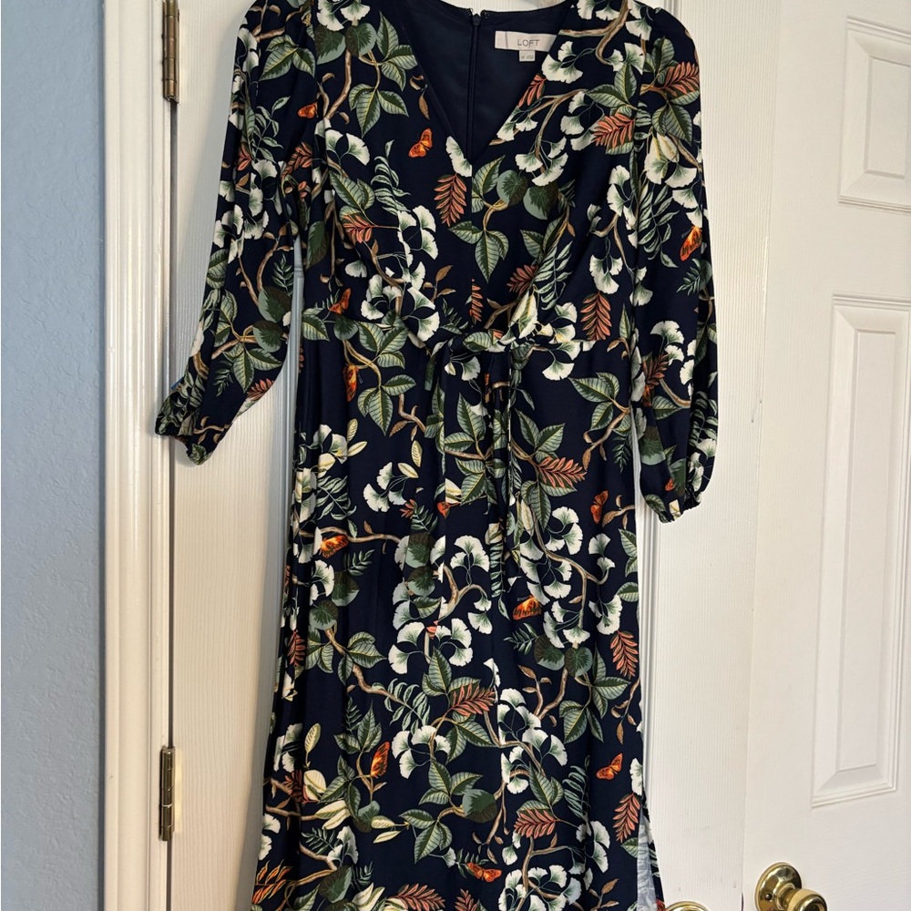 LOFT Navy Floral Long Sleeve Dress